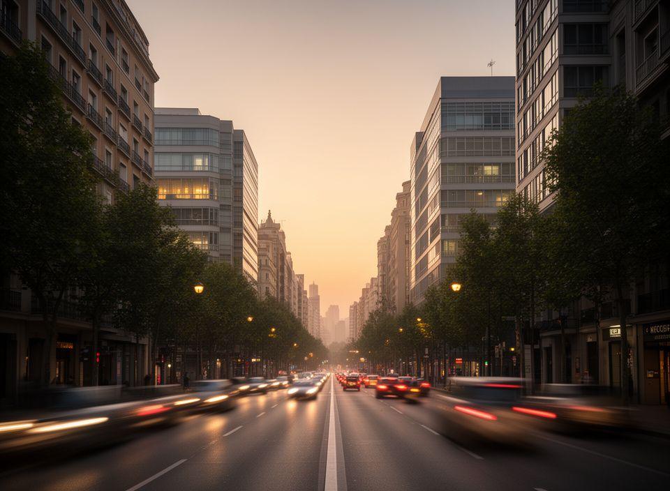 Avenida urbana de Madrid al atardecer con edificios de oficinas, tráfico suave y ambiente profesional