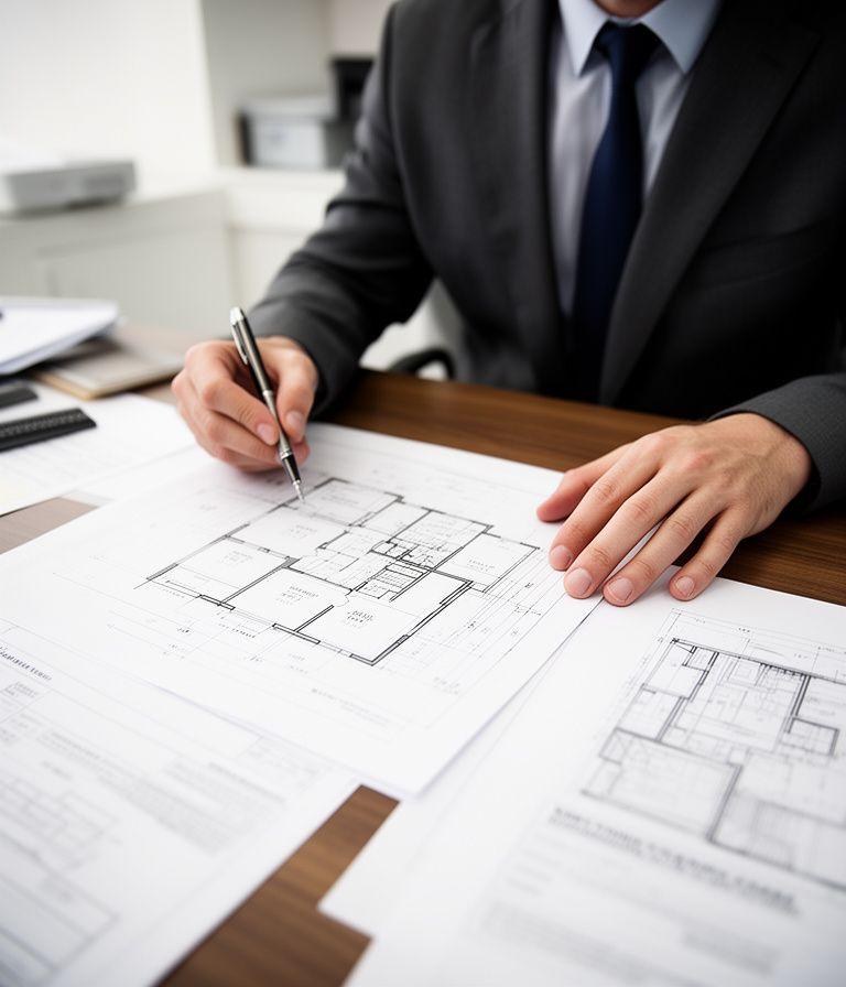 Abogado especializado en derecho inmobiliario revisando planos y escrituras en mesa de trabajo