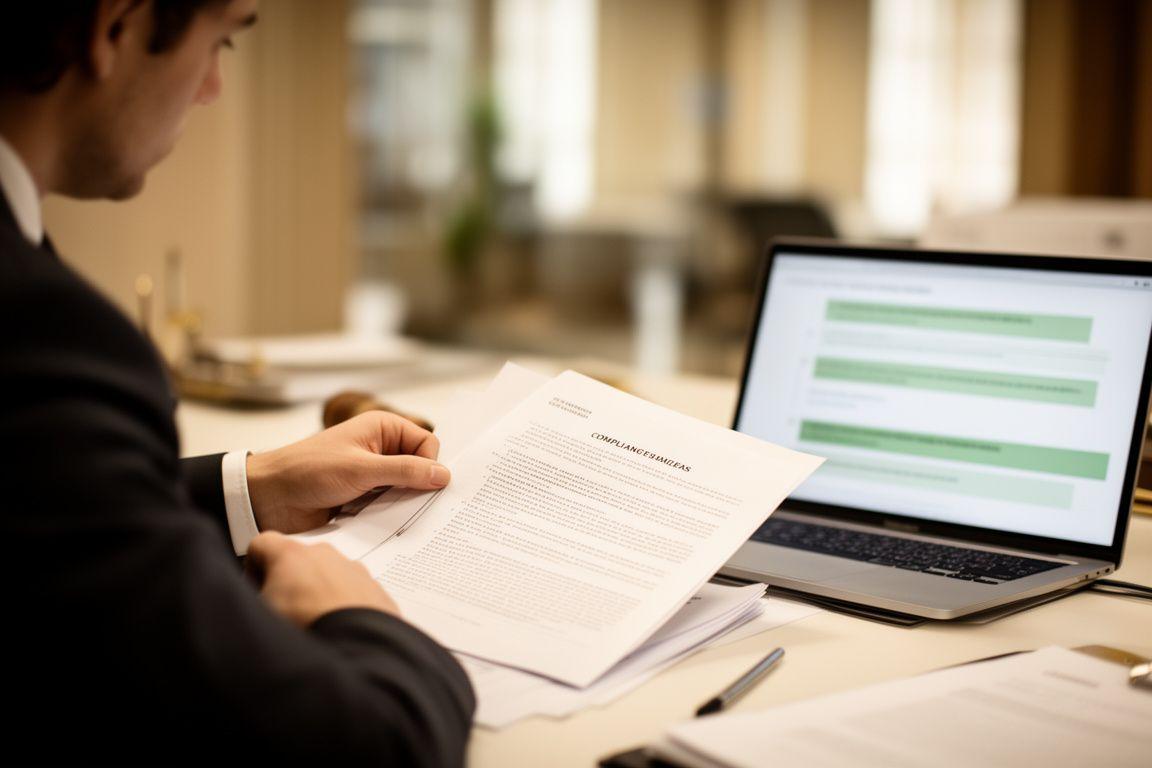 Abogado revisando un documento legal junto a una pantalla con notas de cumplimiento en una oficina luminosa de Madrid