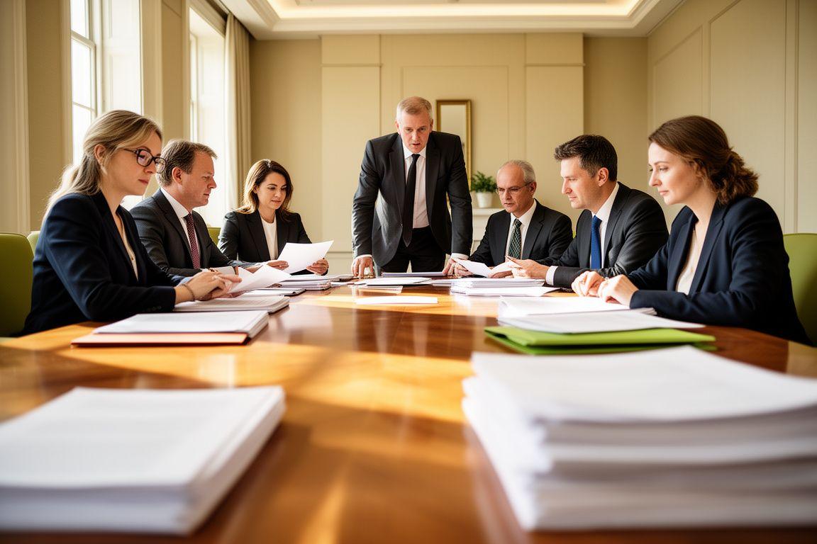 Grupo de abogados en una sala luminosa de Madrid revisando documentación sobre una mesa de nogal