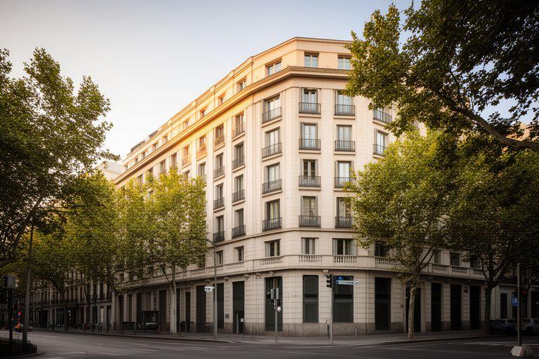 Fachada elegante de oficina jurídica en Paseo de la Castellana con señalización discreta y árboles urbanos
