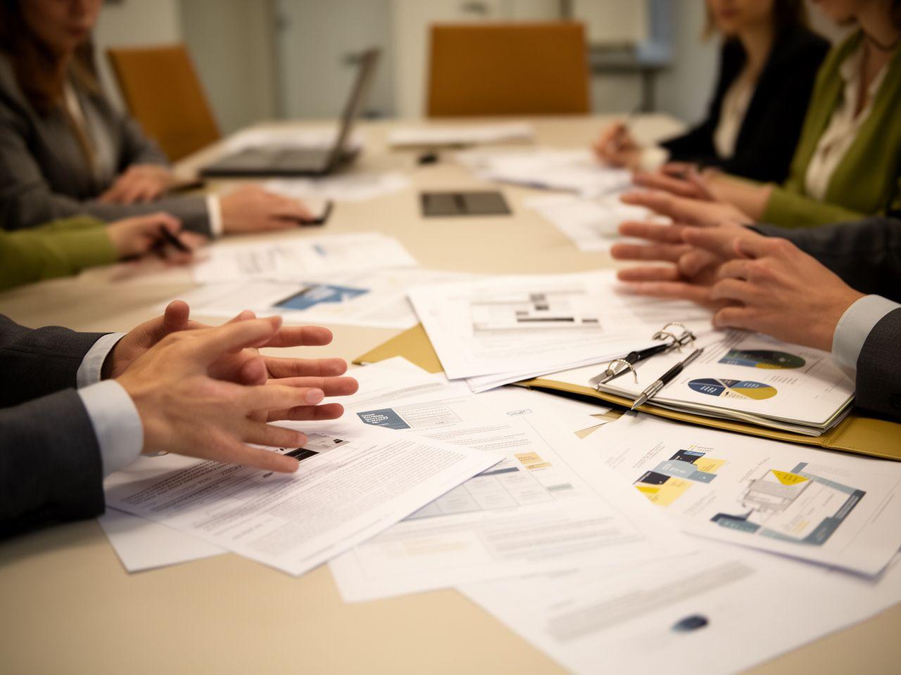 Equipo jurídico analizando una reforma corporativa en una sala de reuniones con gráficos impresos y carpeta abierta
