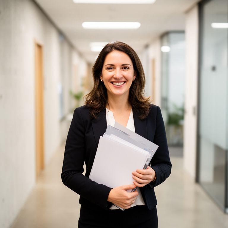 Abogada sonriendo con carpeta bajo el brazo en un pasillo moderno de oficinas